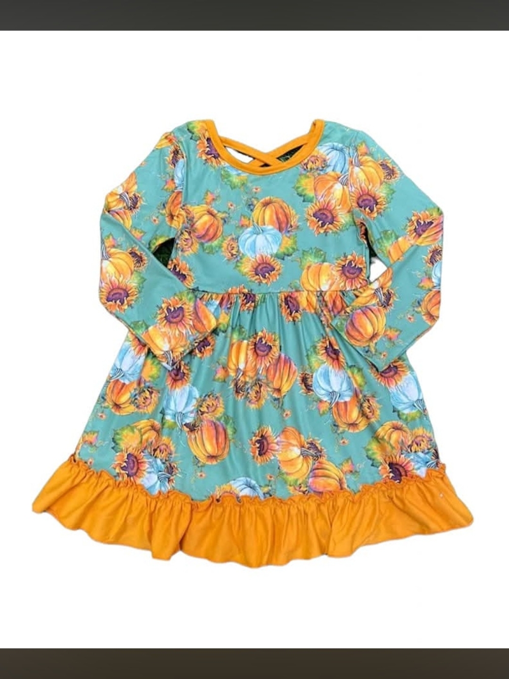 Girls' Teal Pumpkin Print Ruffle Hem Dress - Orange Trim